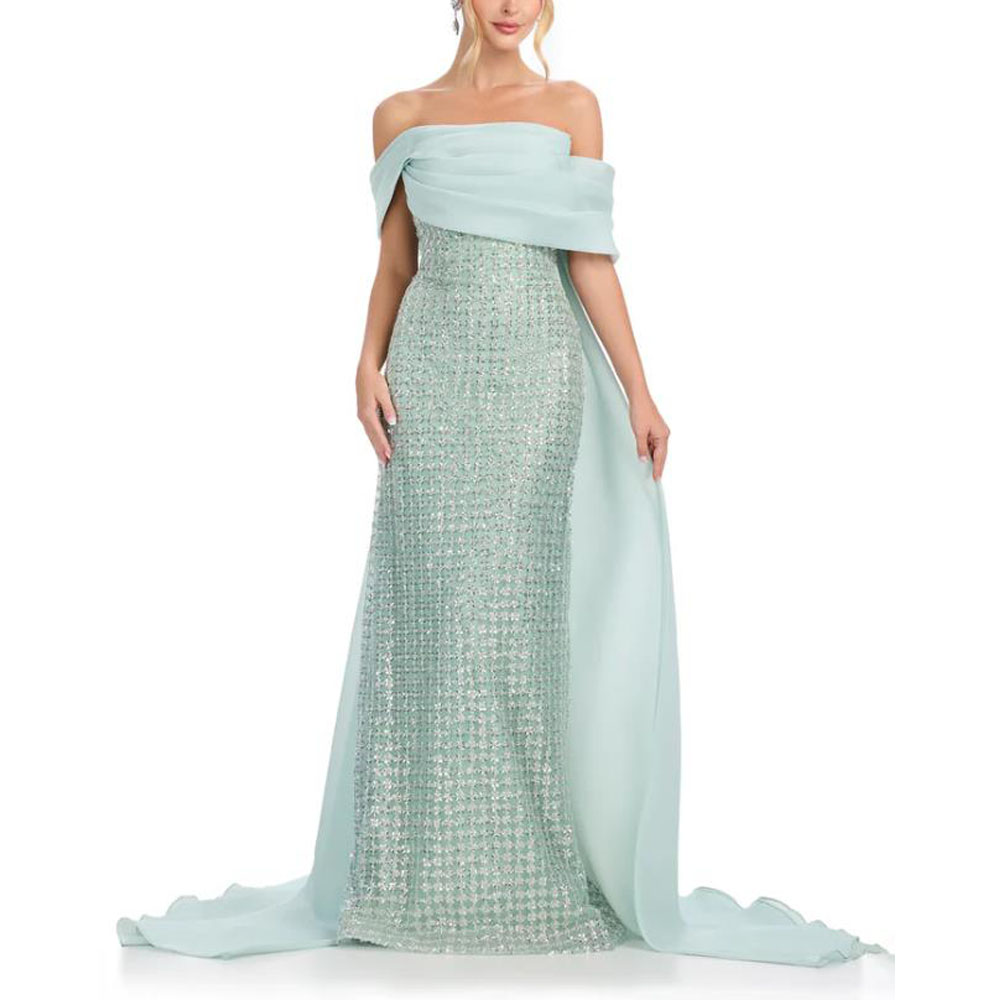 Women Formal Wear Dress - Özelleştirilmiş Glitter Abiye Kapalı Omuz Tren